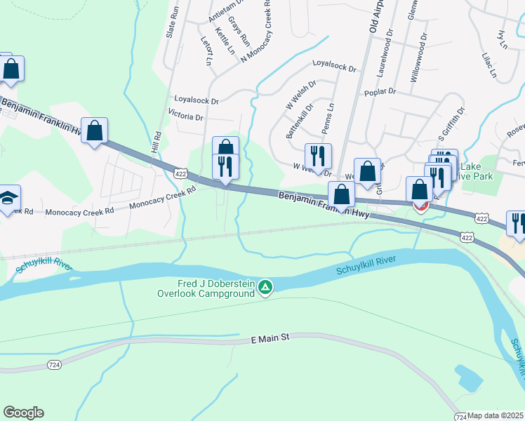 map of restaurants, bars, coffee shops, grocery stores, and more near 951 Ben Franklin Highway West in Douglassville