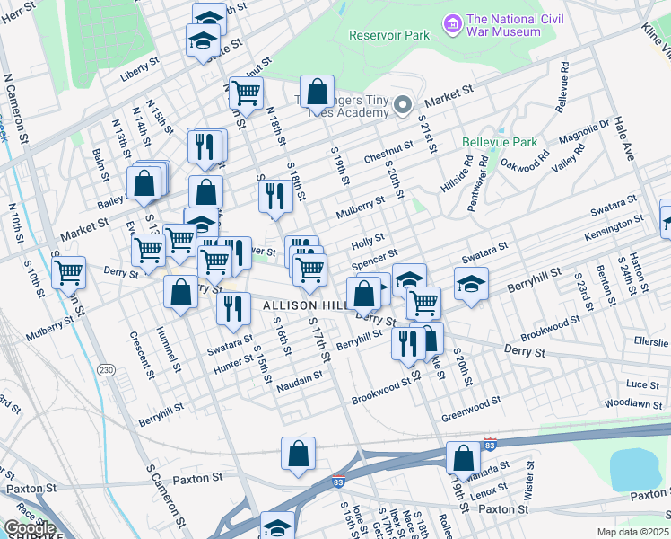 map of restaurants, bars, coffee shops, grocery stores, and more near 341 Carlisle Street in Harrisburg