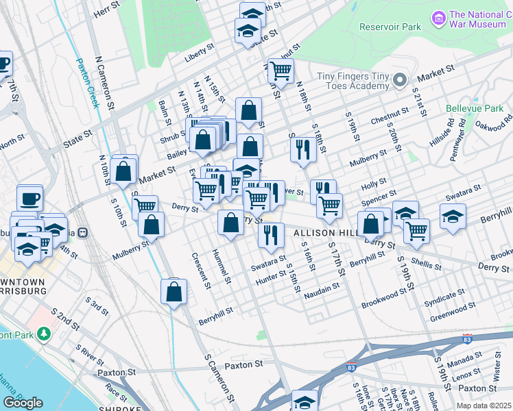 map of restaurants, bars, coffee shops, grocery stores, and more near 1334 Derry Street in Harrisburg