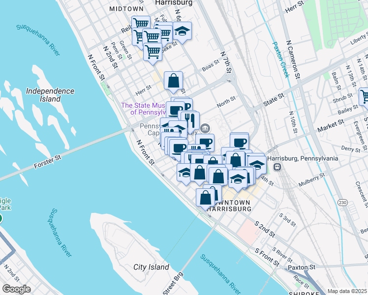 map of restaurants, bars, coffee shops, grocery stores, and more near 218 South Street in Harrisburg