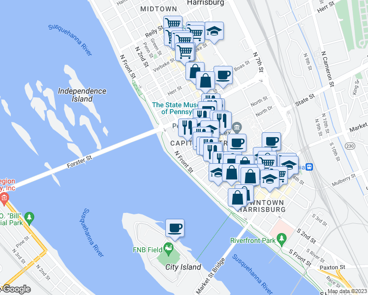 map of restaurants, bars, coffee shops, grocery stores, and more near 106 State Street in Harrisburg