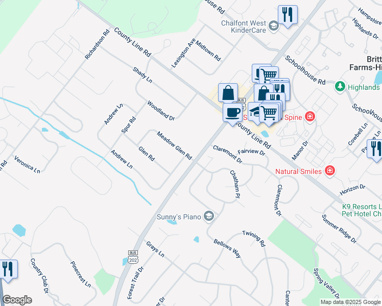map of restaurants, bars, coffee shops, grocery stores, and more near 3 Meadow Glen Road in Lansdale