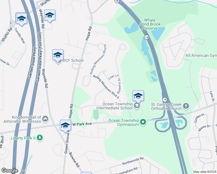 map of restaurants, bars, coffee shops, grocery stores, and more near 62 Rolling Meadows Boulevard South in Ocean Township