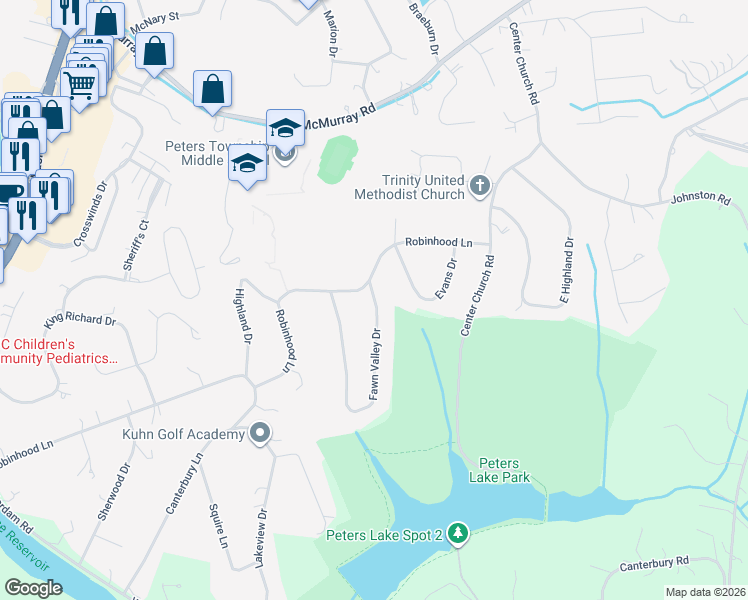map of restaurants, bars, coffee shops, grocery stores, and more near 106 Fawn Valley Drive in Canonsburg