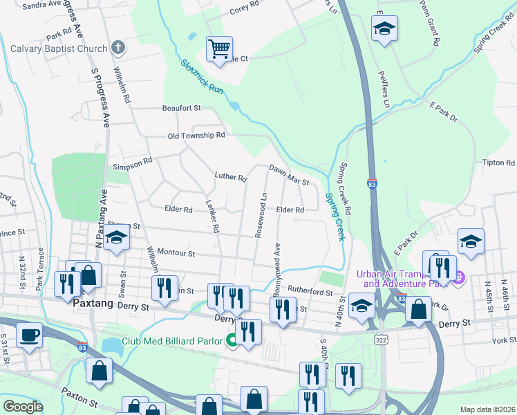 map of restaurants, bars, coffee shops, grocery stores, and more near 460 Rosewood Lane in Harrisburg