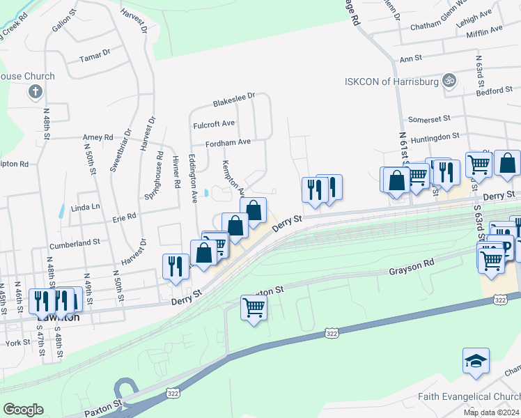 map of restaurants, bars, coffee shops, grocery stores, and more near 5670 Lancaster Street in Harrisburg