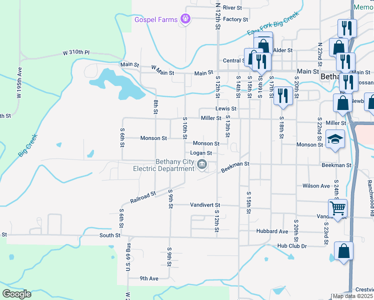 map of restaurants, bars, coffee shops, grocery stores, and more near 711-999 South 10th Street in Bethany