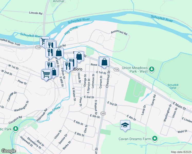 map of restaurants, bars, coffee shops, grocery stores, and more near 122 South Walnut Street in Birdsboro