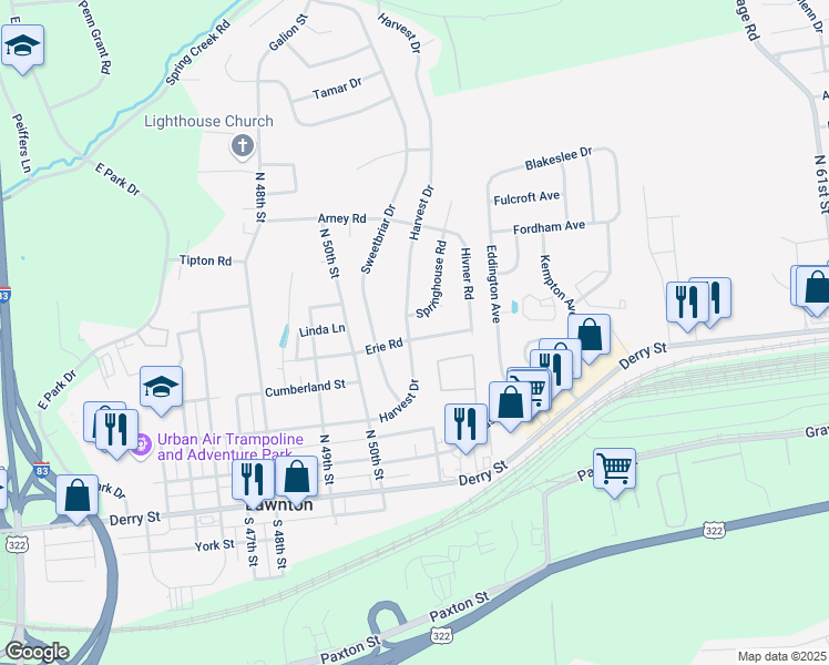 map of restaurants, bars, coffee shops, grocery stores, and more near 5106 Erie Road in Harrisburg