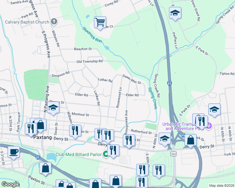 map of restaurants, bars, coffee shops, grocery stores, and more near 460 Rosewood Lane in Harrisburg