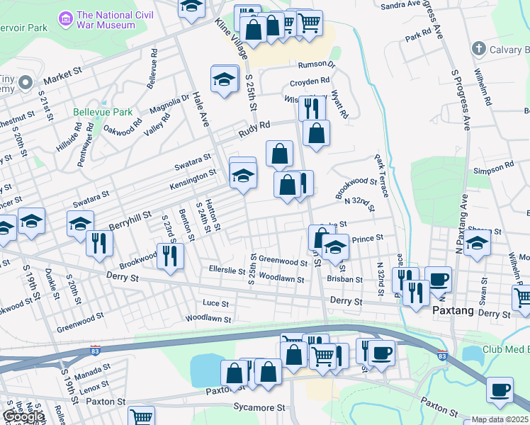map of restaurants, bars, coffee shops, grocery stores, and more near 2500 Brookwood Street in Harrisburg