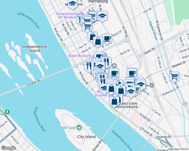 map of restaurants, bars, coffee shops, grocery stores, and more near 131 State Street in Harrisburg