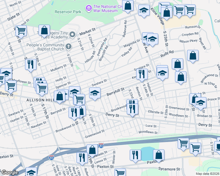 map of restaurants, bars, coffee shops, grocery stores, and more near 2142 Berryhill Street in Harrisburg