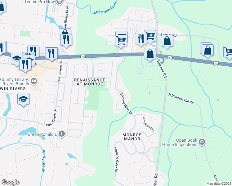 map of restaurants, bars, coffee shops, grocery stores, and more near 1017 Morning Glory Drive in Monroe Township