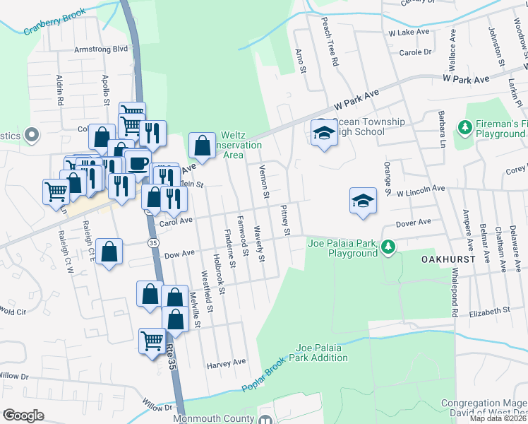 map of restaurants, bars, coffee shops, grocery stores, and more near 1904 Waverly Street in Monmouth County