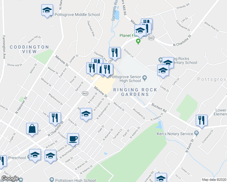 map of restaurants, bars, coffee shops, grocery stores, and more near 1281 North Washington Street in Pottstown