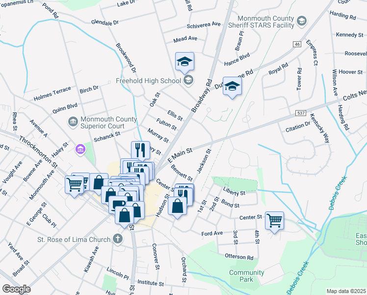 map of restaurants, bars, coffee shops, grocery stores, and more near 80 East Main Street in Freehold