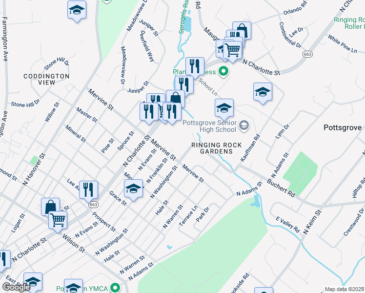 map of restaurants, bars, coffee shops, grocery stores, and more near 1281 North Washington Street in Pottstown