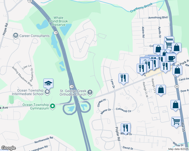 map of restaurants, bars, coffee shops, grocery stores, and more near 23 Hidden Meadows Drive in Monmouth County