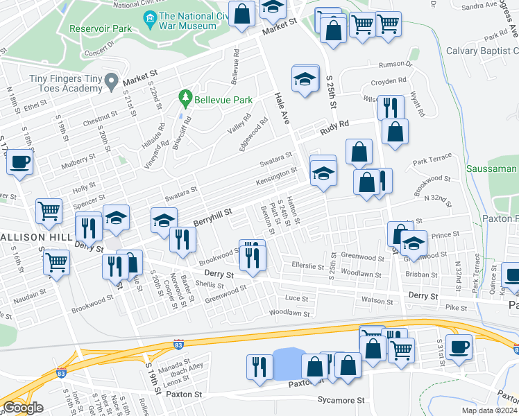 map of restaurants, bars, coffee shops, grocery stores, and more near 512 Benton Street in Harrisburg