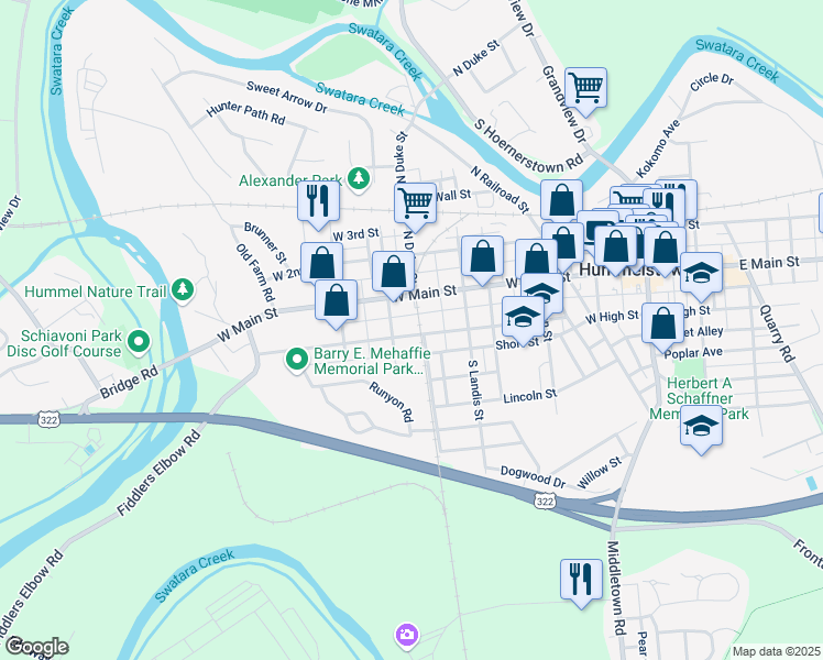 map of restaurants, bars, coffee shops, grocery stores, and more near 414 West High Street in Hummelstown