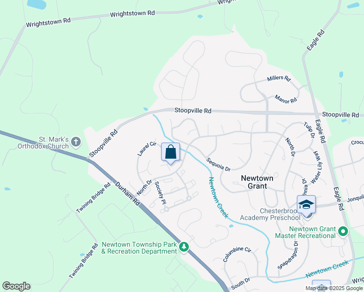 map of restaurants, bars, coffee shops, grocery stores, and more near 103 Sequoia Drive in Newtown
