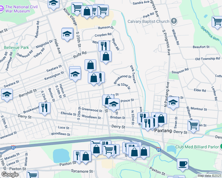 map of restaurants, bars, coffee shops, grocery stores, and more near 2925 Brookwood Street in Harrisburg