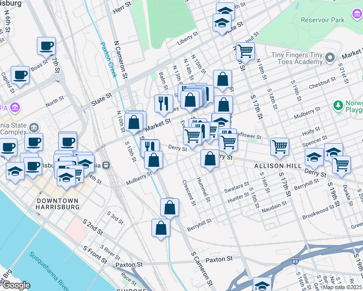 map of restaurants, bars, coffee shops, grocery stores, and more near 1221 Derry Street in Harrisburg