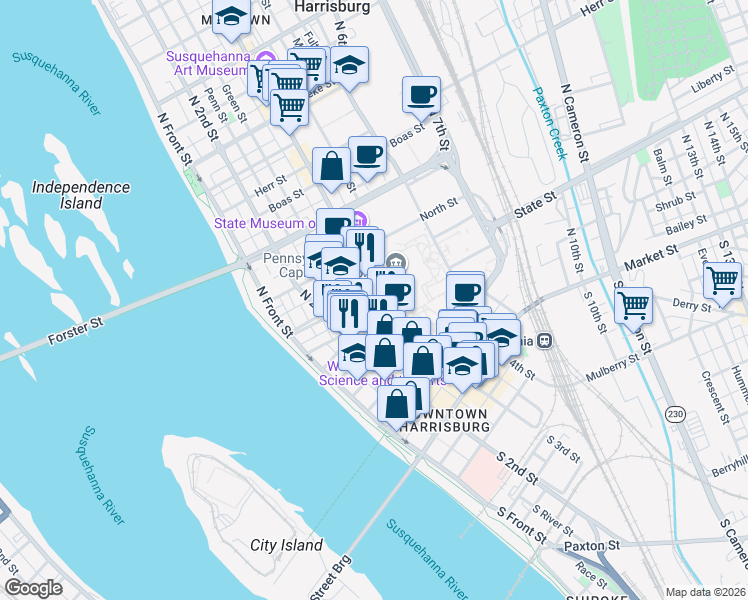 map of restaurants, bars, coffee shops, grocery stores, and more near 231 State Street in Harrisburg