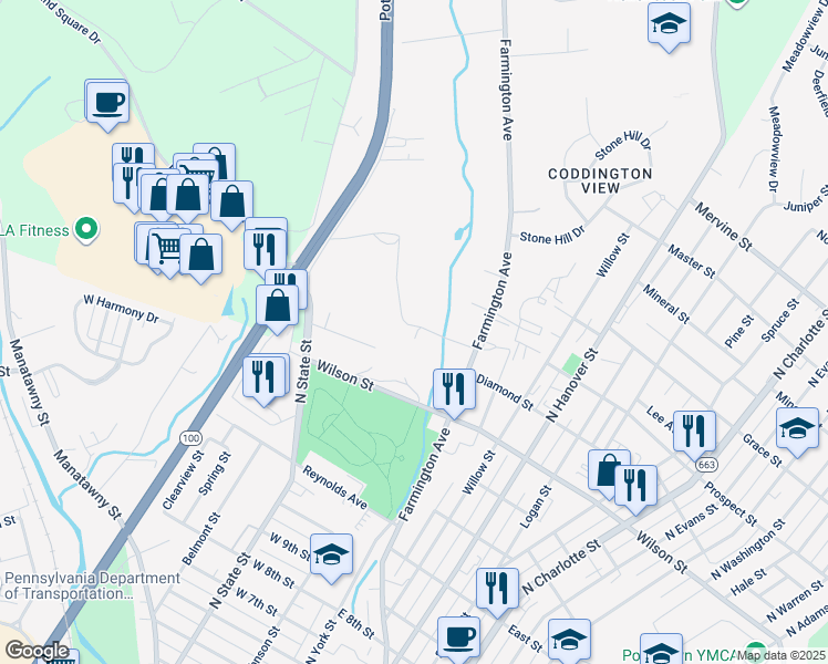 map of restaurants, bars, coffee shops, grocery stores, and more near 24 Coolidge Street in Pottstown