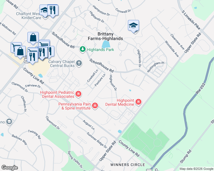 map of restaurants, bars, coffee shops, grocery stores, and more near 1 Highpoint Dr in Chalfont