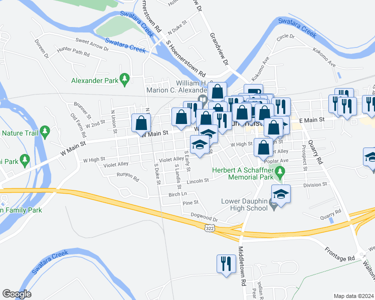 map of restaurants, bars, coffee shops, grocery stores, and more near 267 West High Street in Hummelstown
