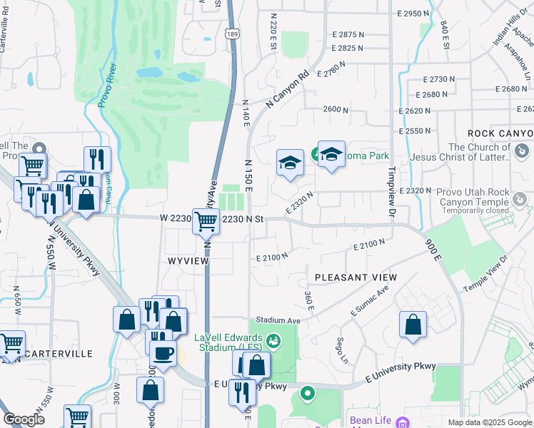 map of restaurants, bars, coffee shops, grocery stores, and more near 2210 North Canyon Road in Provo