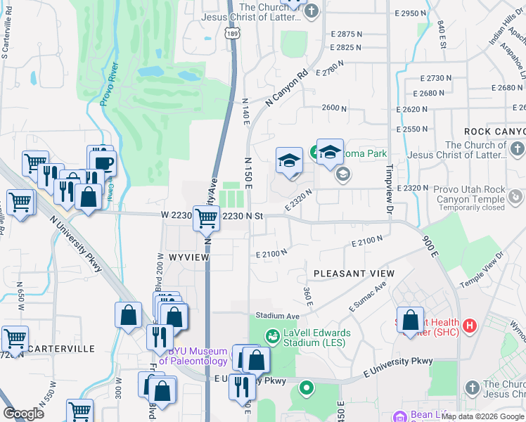 map of restaurants, bars, coffee shops, grocery stores, and more near 2210 North Canyon Road in Provo