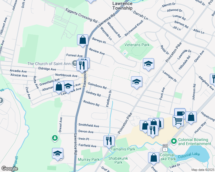 map of restaurants, bars, coffee shops, grocery stores, and more near 113 Gainsboro Road in Lawrence Township
