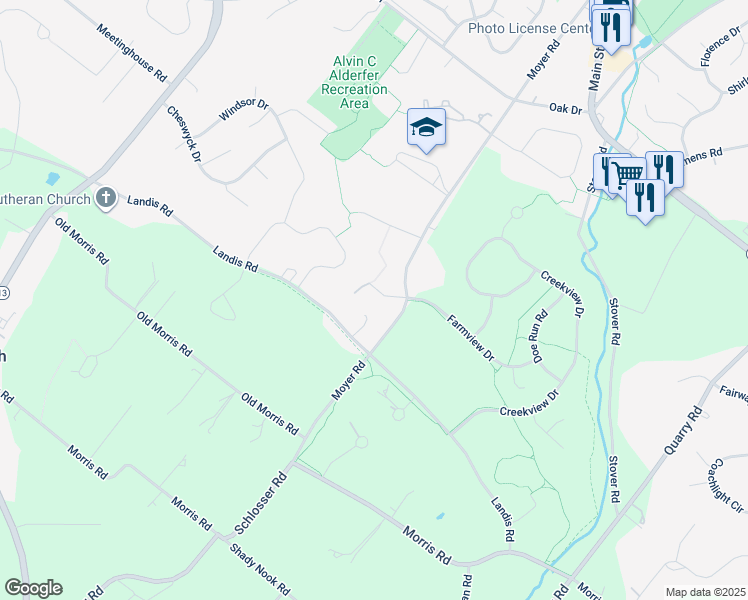 map of restaurants, bars, coffee shops, grocery stores, and more near 348 Cricket Lane in Harleysville