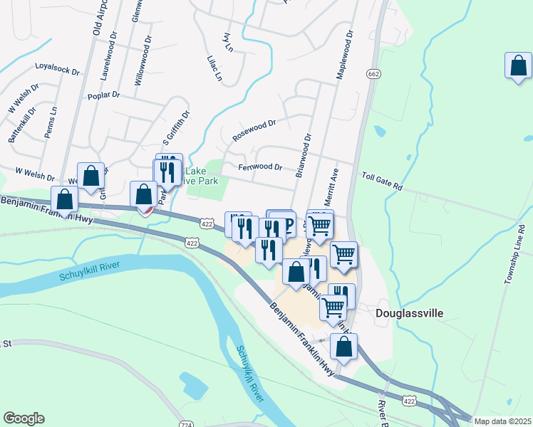 map of restaurants, bars, coffee shops, grocery stores, and more near 6 Maplewood Court in Douglassville