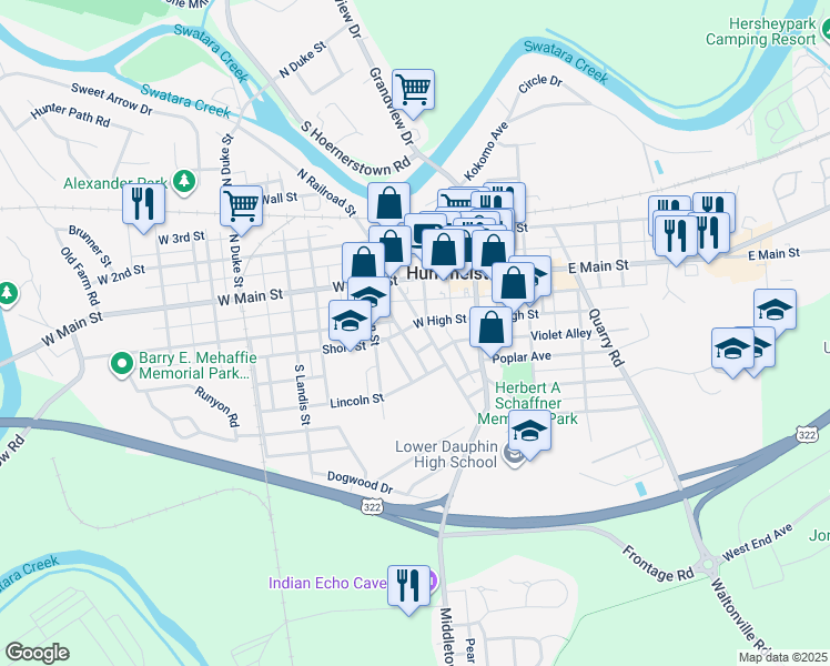 map of restaurants, bars, coffee shops, grocery stores, and more near 115 Mayflower Alley in Hummelstown