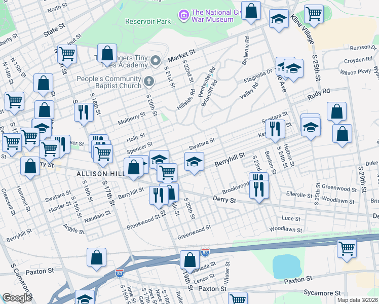 map of restaurants, bars, coffee shops, grocery stores, and more near 2020 Kensington Street in Harrisburg