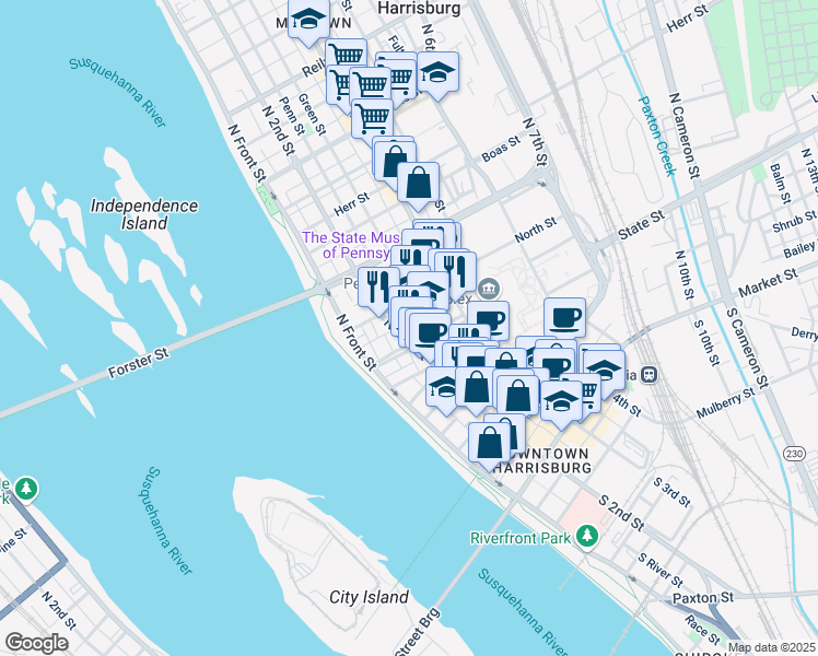 map of restaurants, bars, coffee shops, grocery stores, and more near 131 State Street in Harrisburg