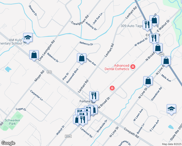 map of restaurants, bars, coffee shops, grocery stores, and more near 2169 Lenhart Road in Hatfield