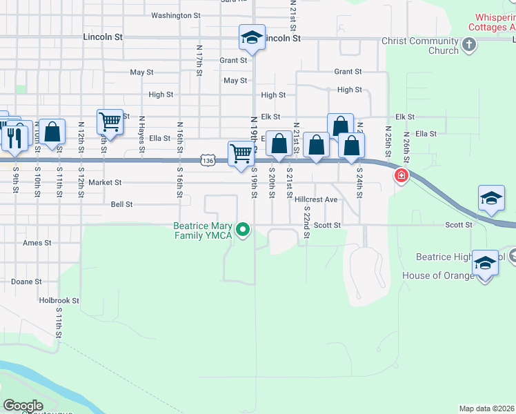 map of restaurants, bars, coffee shops, grocery stores, and more near 240 South 19th Street in Beatrice