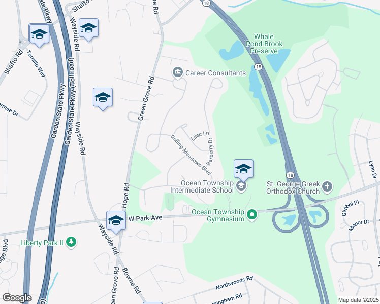 map of restaurants, bars, coffee shops, grocery stores, and more near 74 Rolling Meadows Boulevard South in Ocean Township