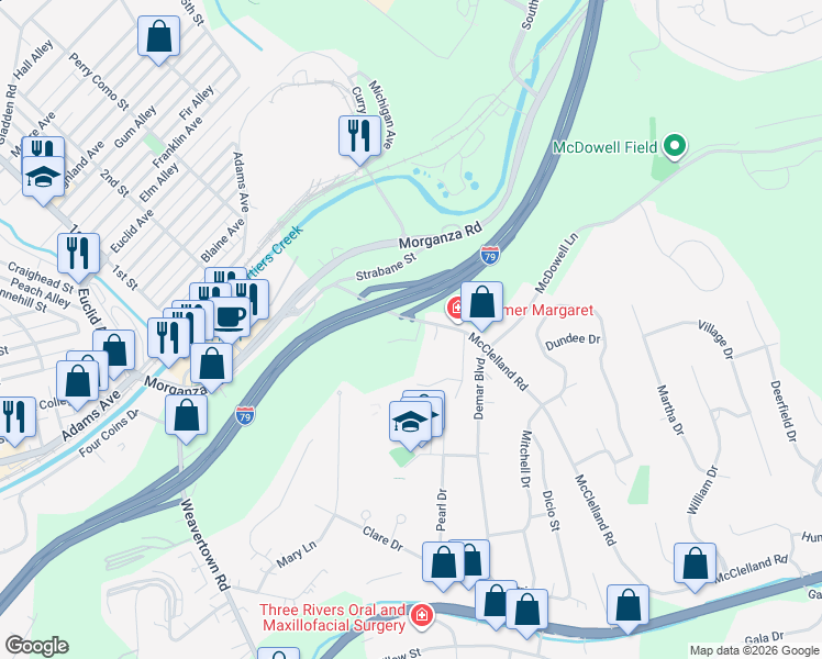map of restaurants, bars, coffee shops, grocery stores, and more near 138 McClelland Road in Canonsburg