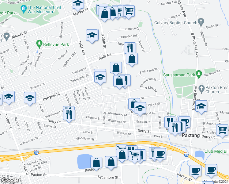 map of restaurants, bars, coffee shops, grocery stores, and more near 2570 Brookwood Street in Harrisburg