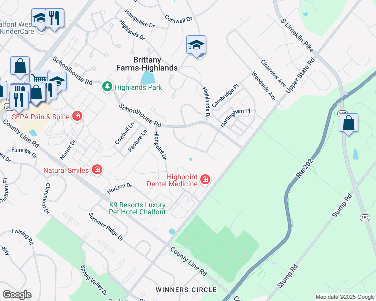 map of restaurants, bars, coffee shops, grocery stores, and more near 336 Glennbrook Way in Chalfont