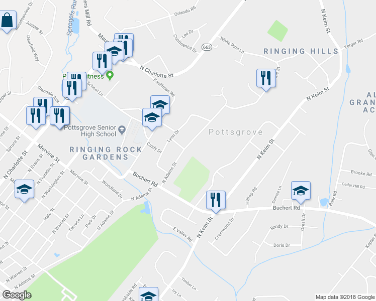 map of restaurants, bars, coffee shops, grocery stores, and more near 1368 North Adams Street in Pottstown