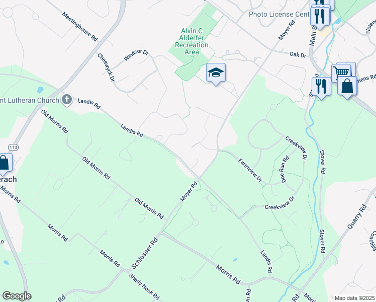 map of restaurants, bars, coffee shops, grocery stores, and more near 351 Landis Road in Harleysville
