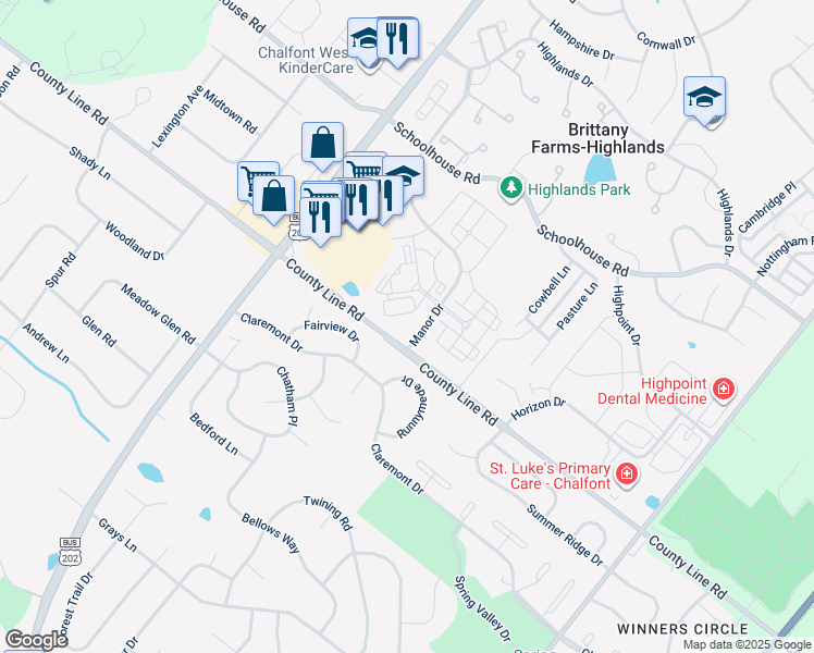 map of restaurants, bars, coffee shops, grocery stores, and more near 1600 Manor Drive in Chalfont