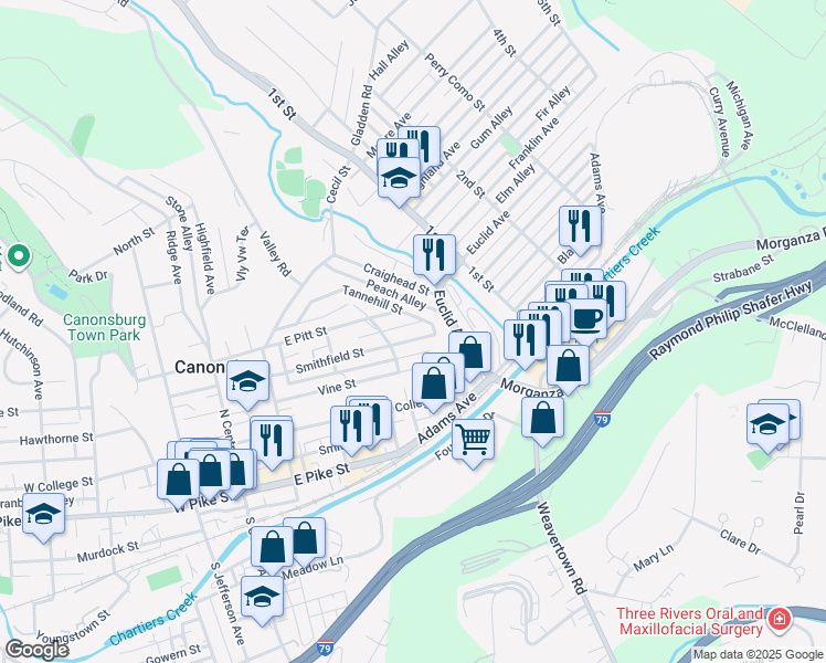 map of restaurants, bars, coffee shops, grocery stores, and more near 264 Smithfield Street in Canonsburg